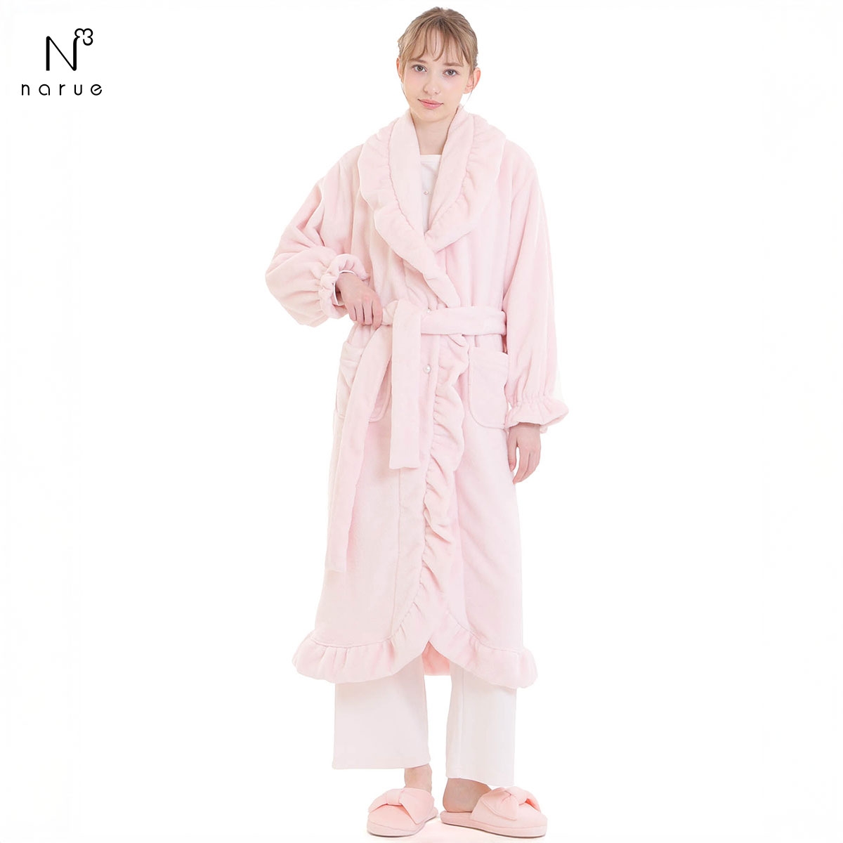 ナルエー パジャマ ソフティースノーフリルガウン 長袖 ルームウェア NARUE(PI-ピンク-M-L)