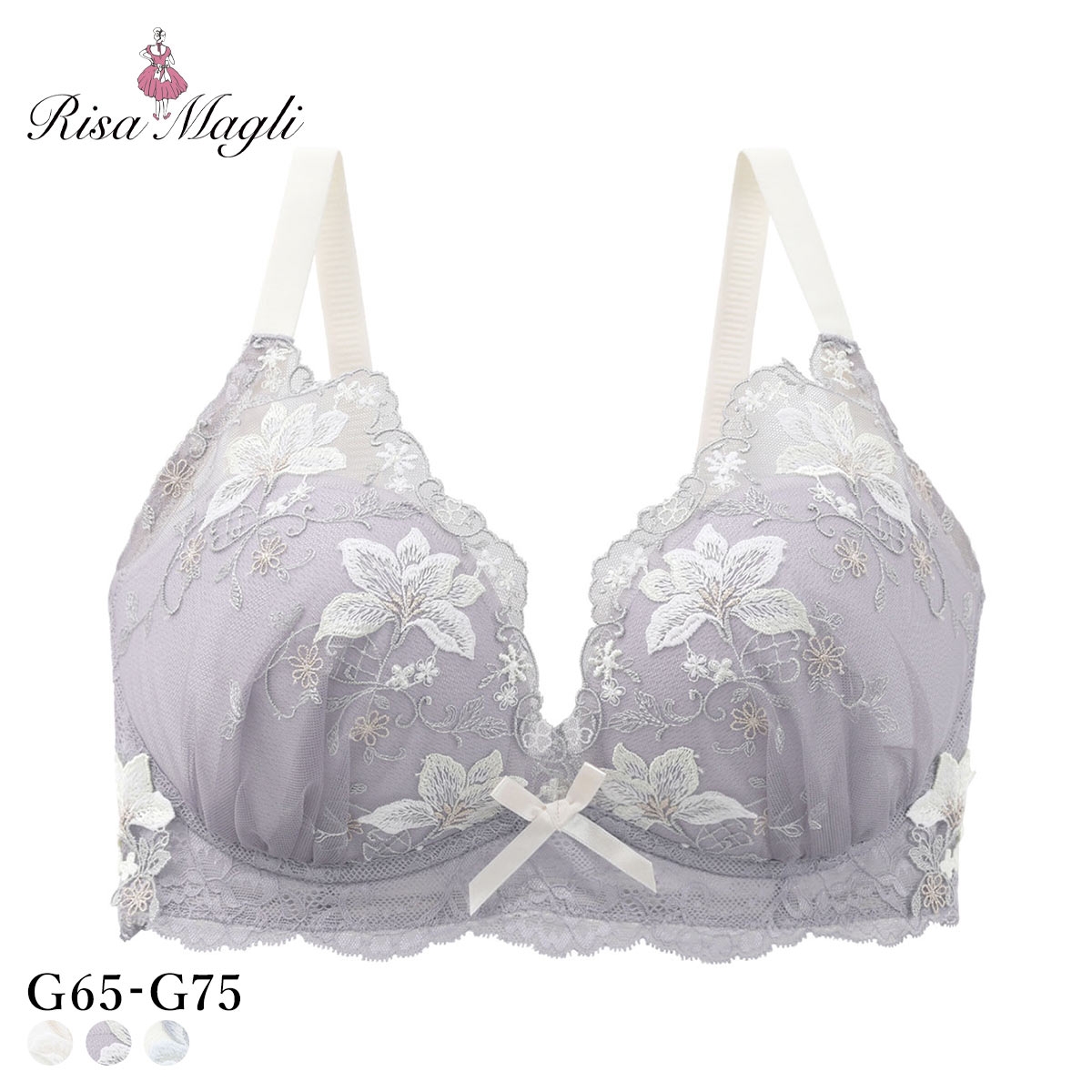 リサマリ フルーリ ノンワイヤー ブラジャー メロフィー G グラマーブラ 大きいサイズ ワイヤレス Risa Magli(GY-グレー-G65)