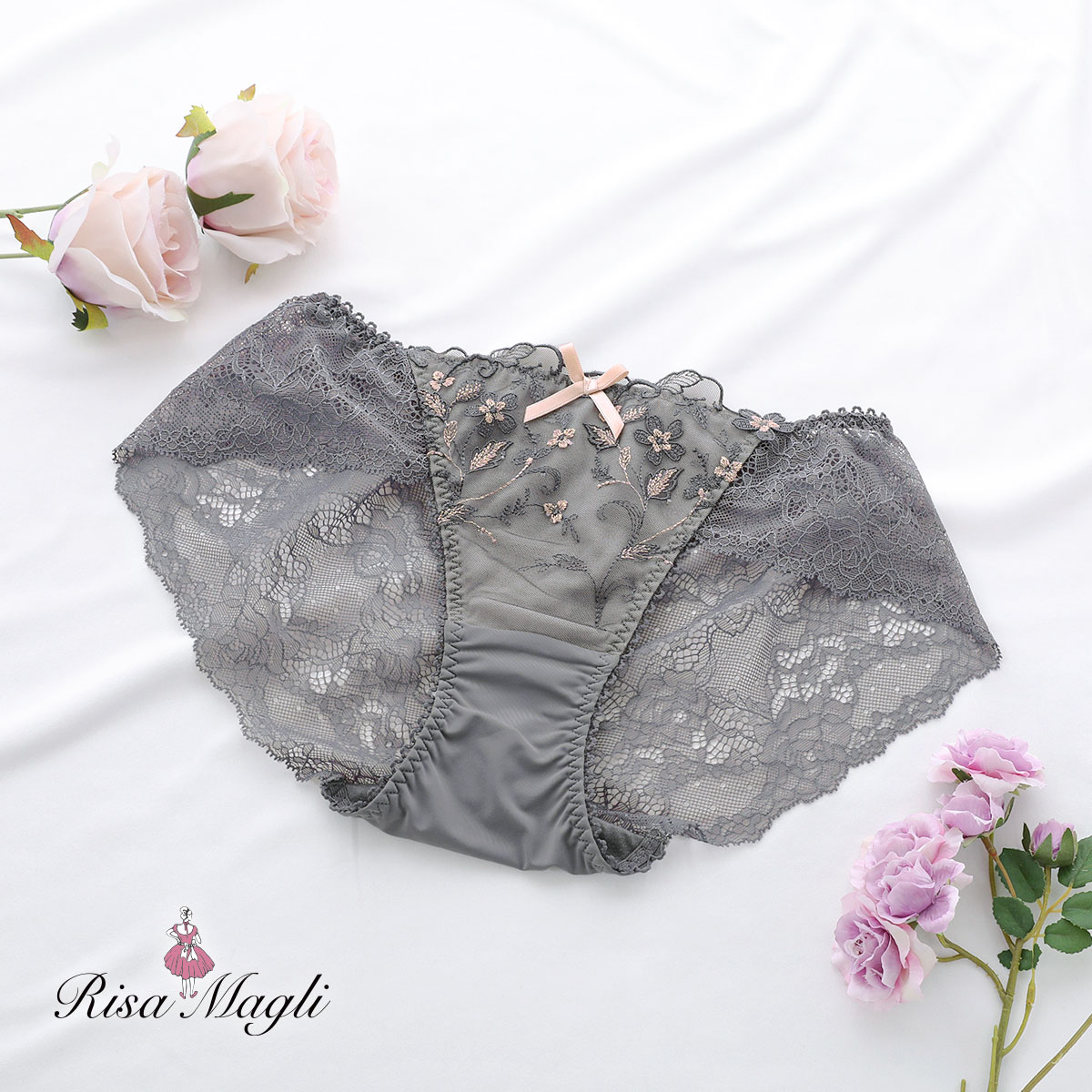 リサマリ Risa Magli ボーナ ショーツ レースショーツ 総レース バックレース 単品(GY-グレー-M)