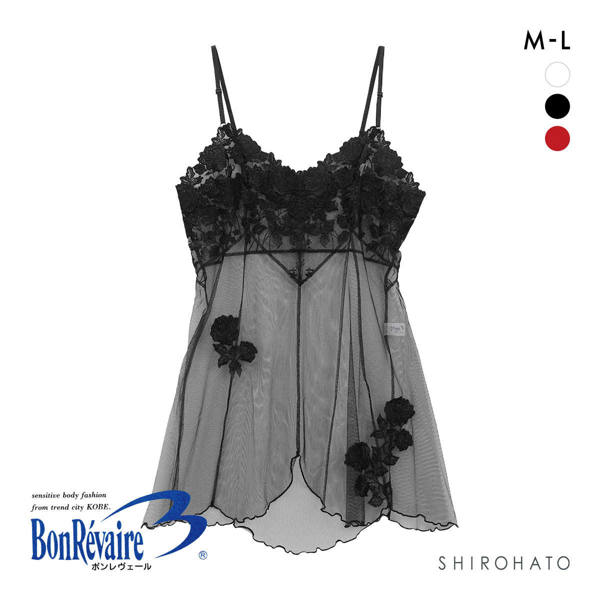 ボンレヴェール BonRevaire バラ柄チュールレース シースルー レース ミニスリップ 日本製(BK-ブラック-M-75)