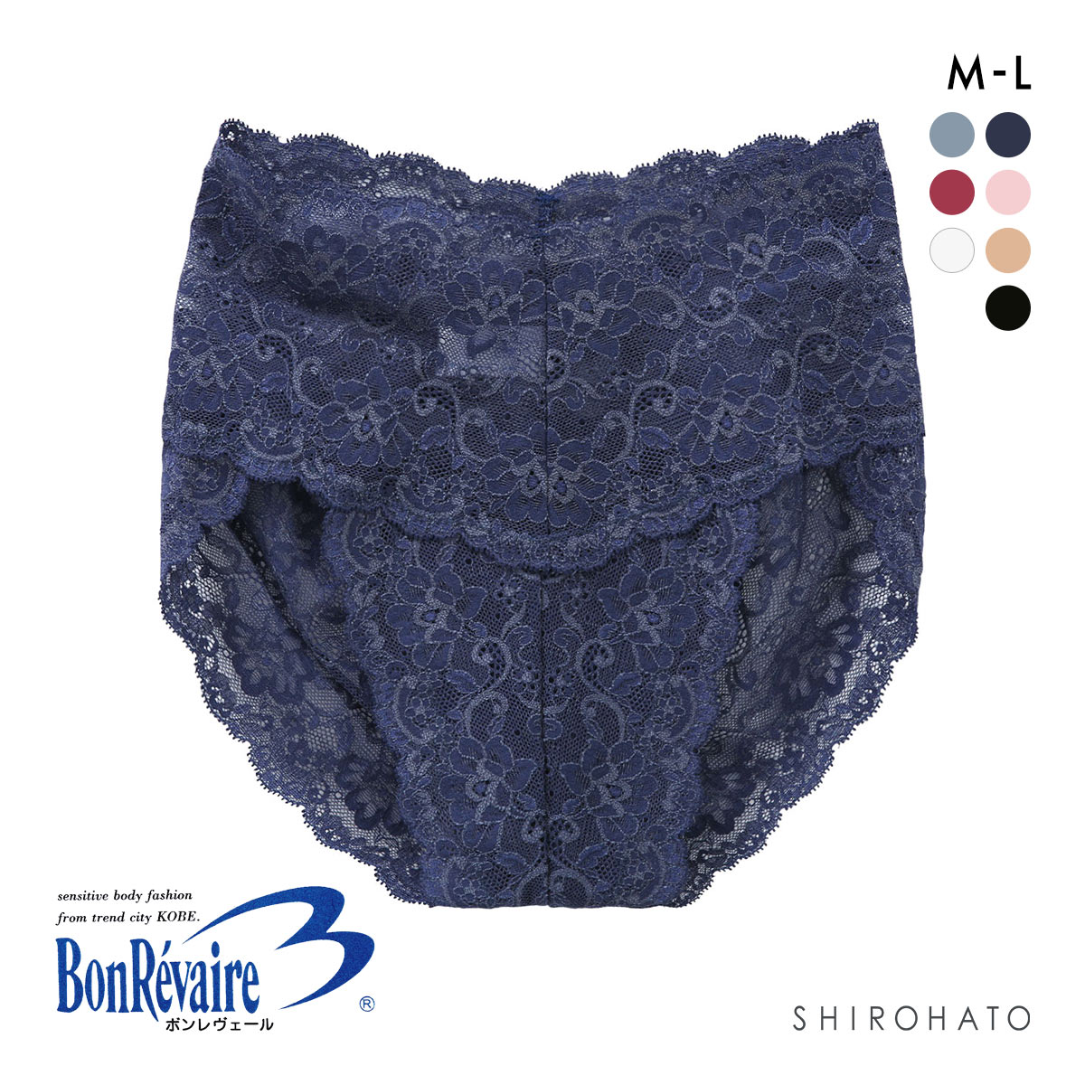 ボンレヴェール BonRevaire 総レース スタンダード ショーツ 深め ハイウエスト M L 日本製 単品(NV-ネイビー-M)