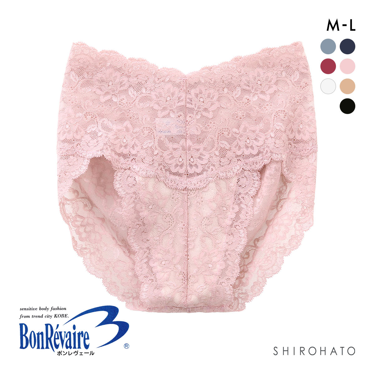 ボンレヴェール BonRevaire 総レース スタンダード ショーツ 深め ハイウエスト M L 日本製 単品(PI-ピンク-M)