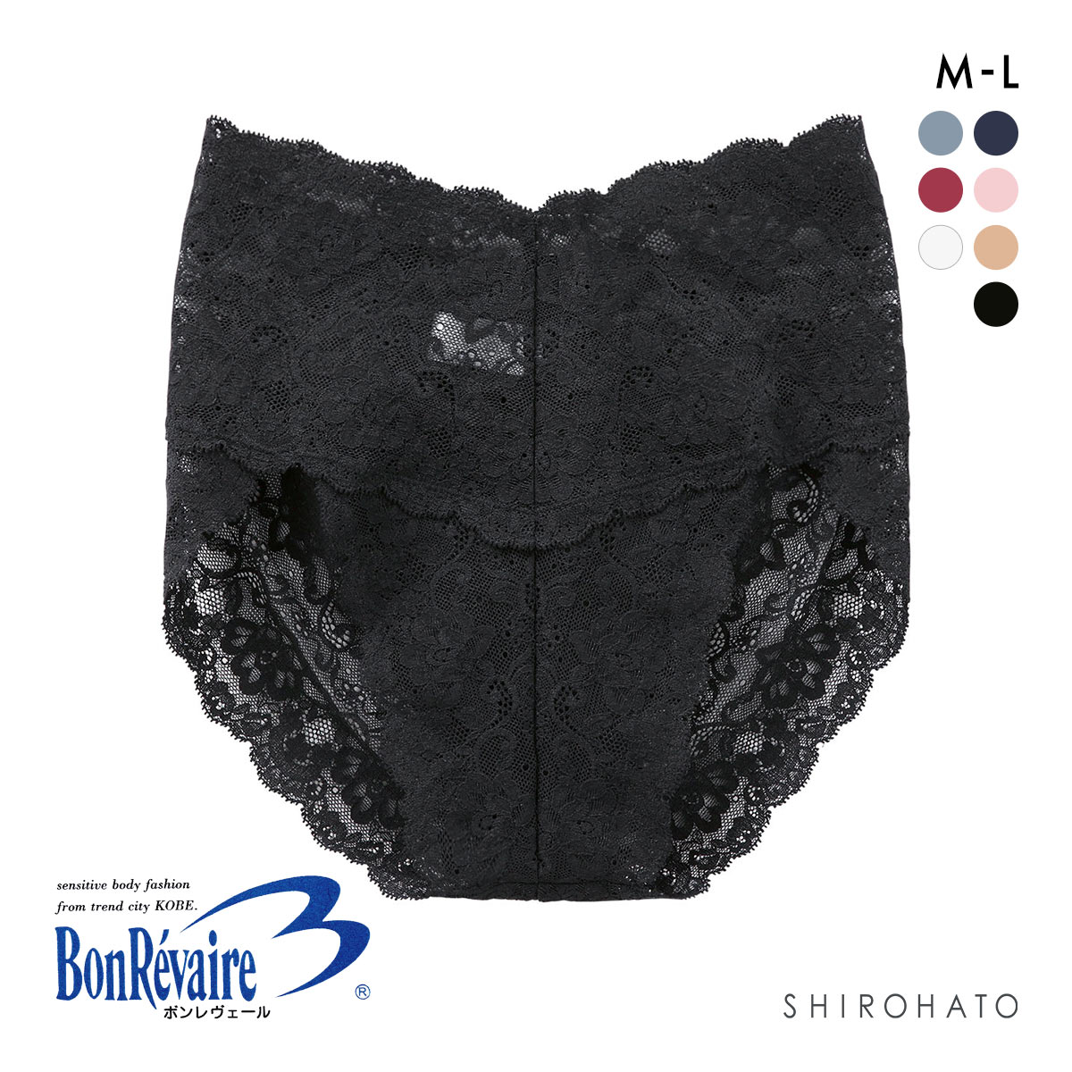 ボンレヴェール BonRevaire 総レース スタンダード ショーツ 深め ハイウエスト M L 日本製 単品(BK-ブラック-M)