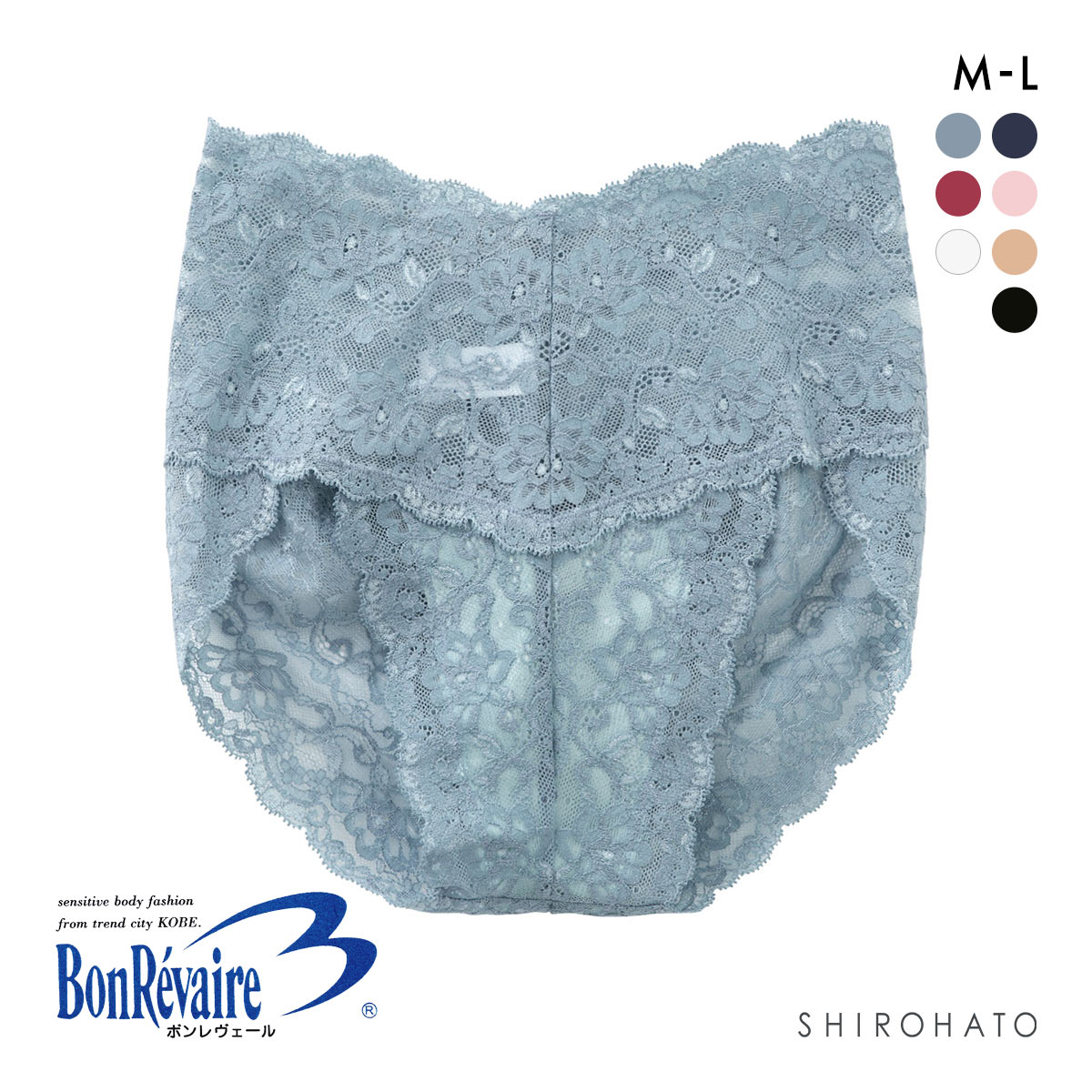 ボンレヴェール BonRevaire 総レース スタンダード ショーツ 深め ハイウエスト M L 日本製 単品(BU-ブルー-M)