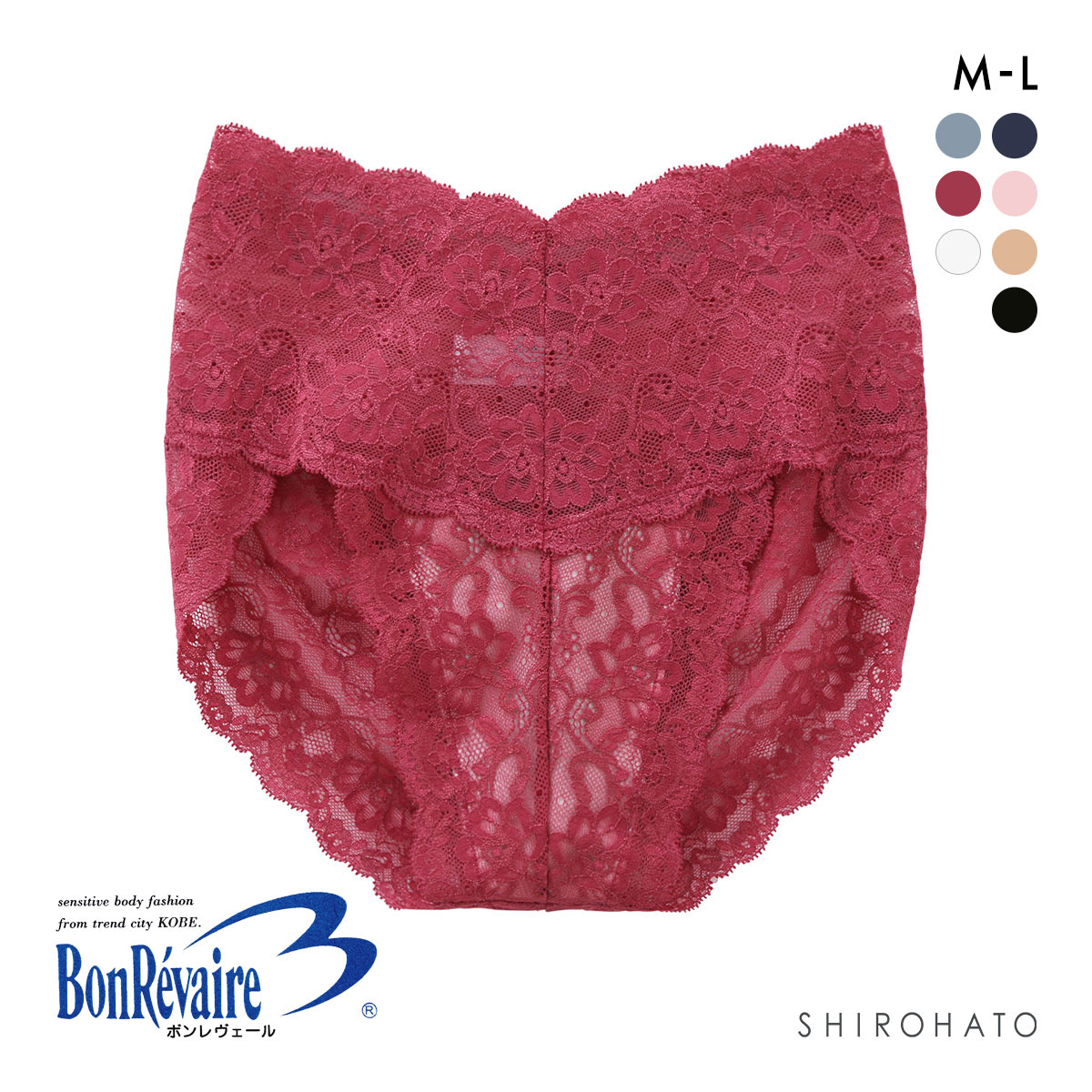 ボンレヴェール BonRevaire 総レース スタンダード ショーツ 深め ハイウエスト M L 日本製 単品(WI-ワイン-M)