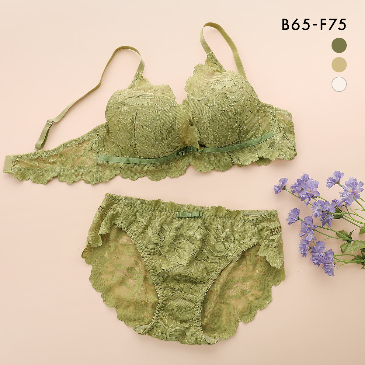 ギャルスマイル GAL SMILE フラワー大柄レース カシュクール 総レース ブラジャー ショーツ セット BCDEF 大きいサイズ バックレース(GR-グリーン-B65-M)