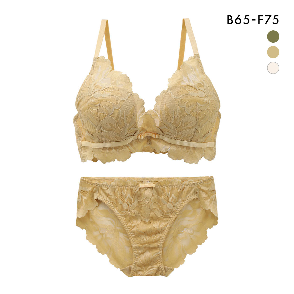 ギャルスマイル GAL SMILE フラワー大柄レース カシュクール 総レース ブラジャー ショーツ セット BCDEF 大きいサイズ バックレース(YE-イエロー-B65-M)