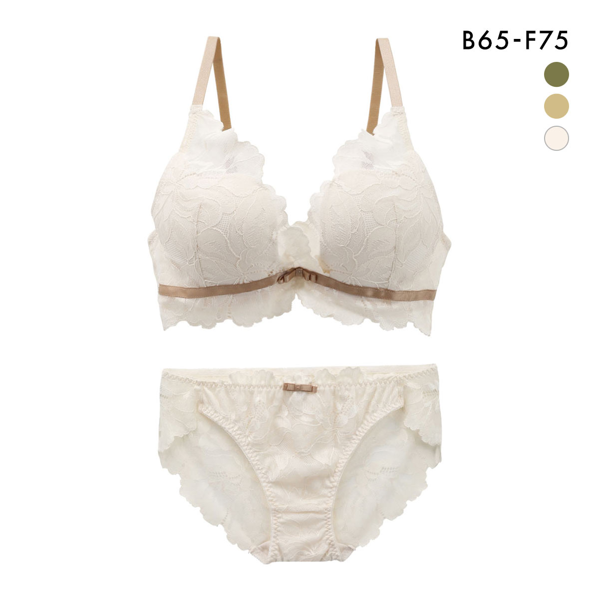 ギャルスマイル GAL SMILE フラワー大柄レース カシュクール 総レース ブラジャー ショーツ セット BCDEF 大きいサイズ バックレース(IV-アイボリー-B65-M)