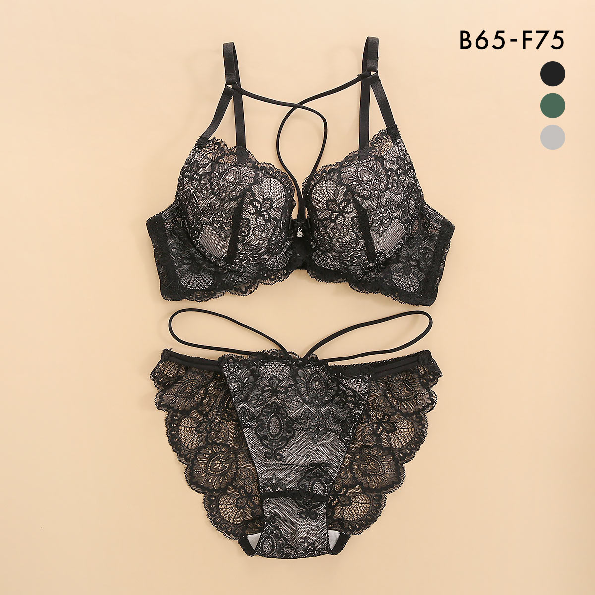 オールレース ヌーディーコード ブラジャー ショーツ セット BCDEF 大きいサイズ バックレース 総レース(BK-ブラック-B65-M)