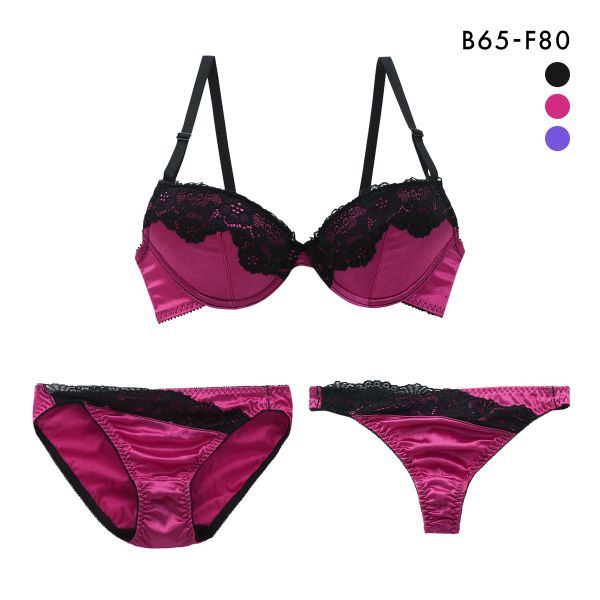 サテンブラックレース ブラジャー ショーツ セット Tバック 3点 BCDEF 大きいサイズ