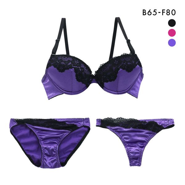 サテンブラックレース ブラジャー ショーツ セット Tバック 3点 BCDEF 大きいサイズ