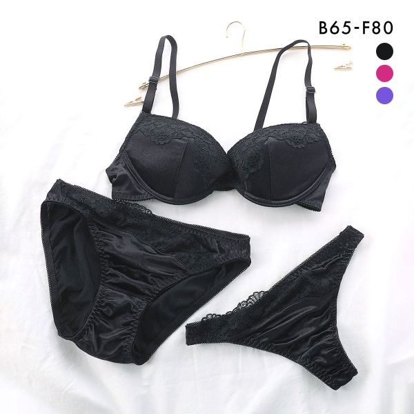 サテンブラックレース ブラジャー ショーツ セット Tバック 3点 BCDEF 大きいサイズ サテンブラックレース ブラジャー ショーツ セット Tバック 3点 BCDEF 大きいサイズ