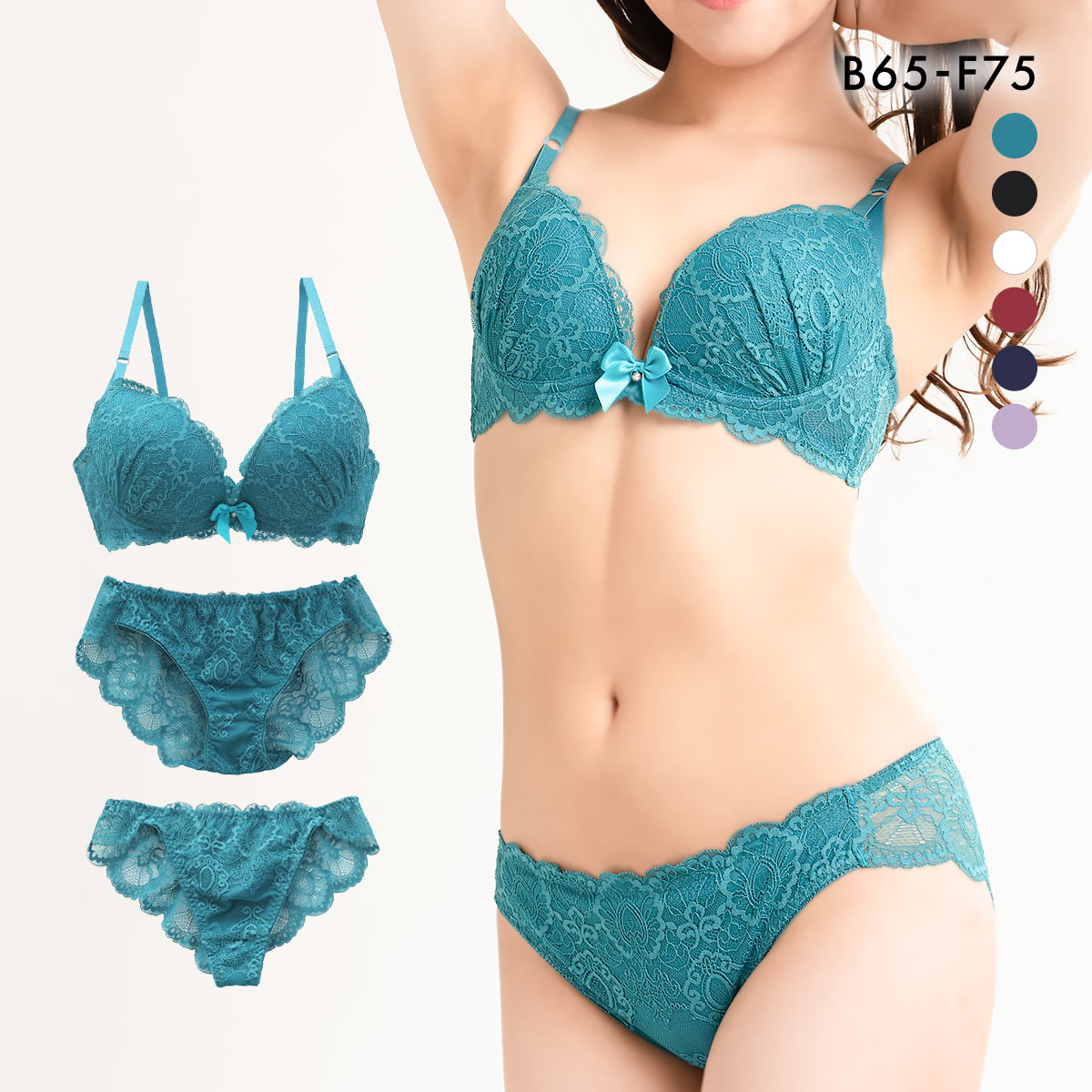 総レース ブラジャー ショーツ Tバック 3点セット BCDEF 大きいサイズ(GR-グリーン-B65-M)