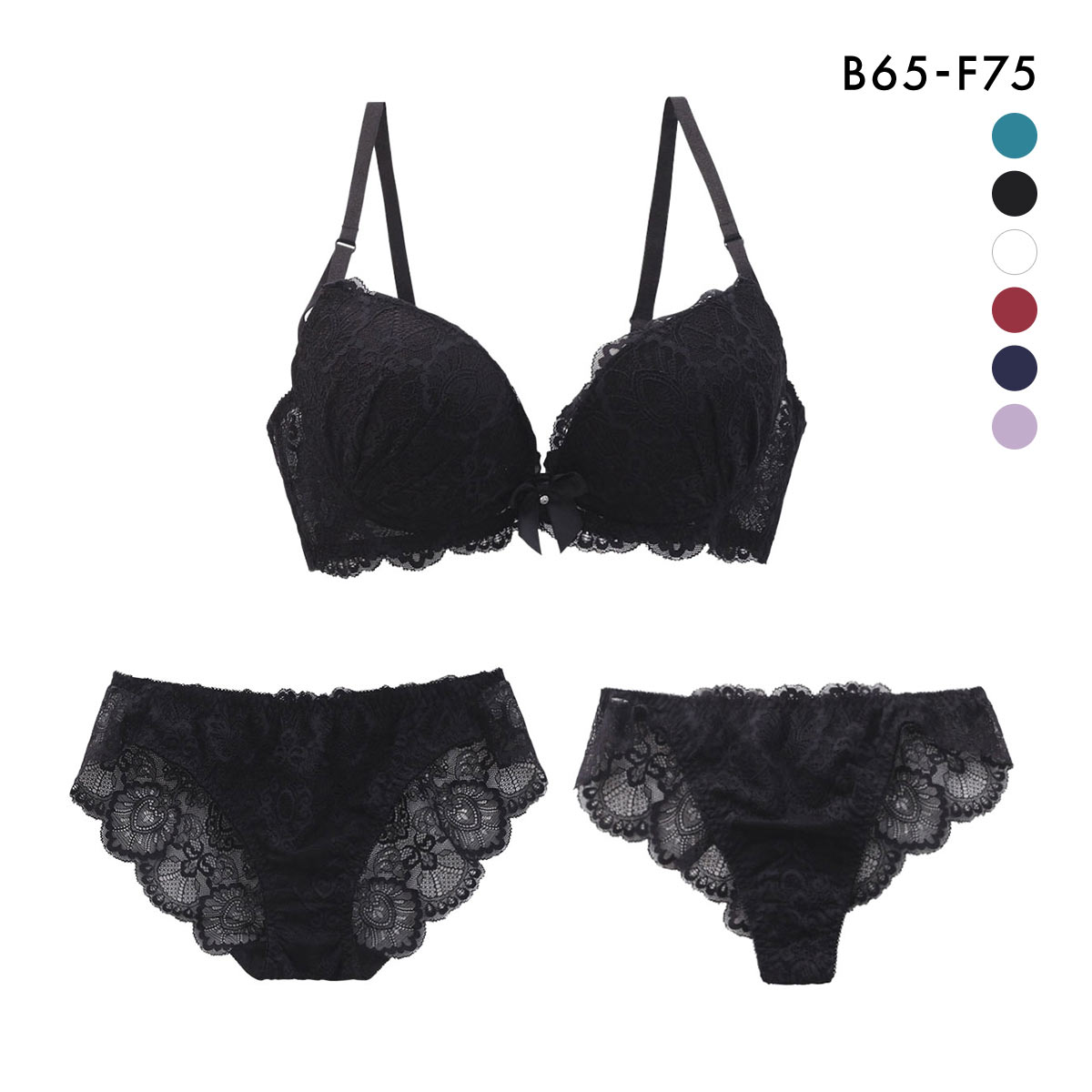 総レース ブラジャー ショーツ Tバック 3点セット BCDEF 大きいサイズ(BK-ブラック-B65-M)
