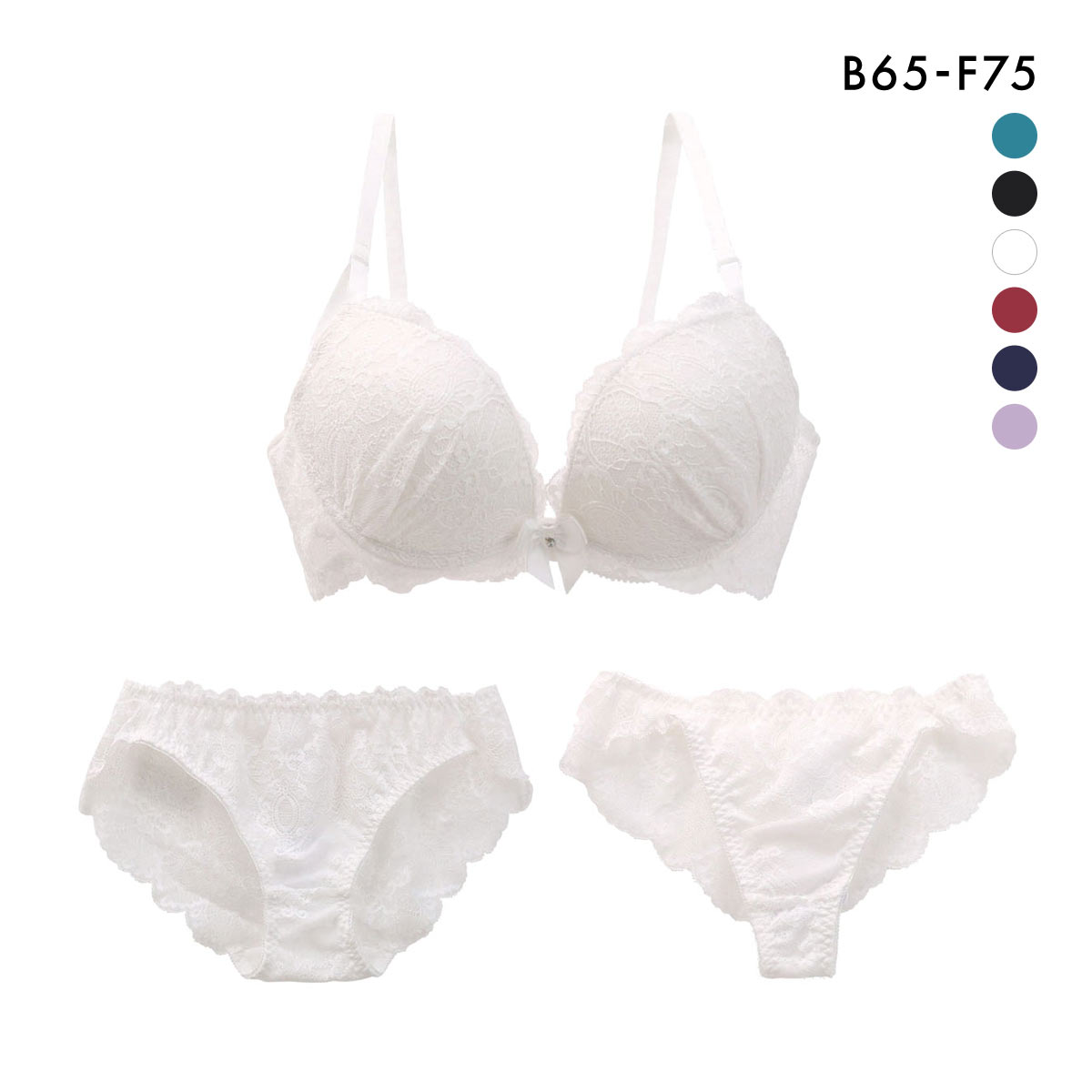 総レース ブラジャー ショーツ Tバック 3点セット BCDEF 大きいサイズ(WH-ホワイト-B65-M)
