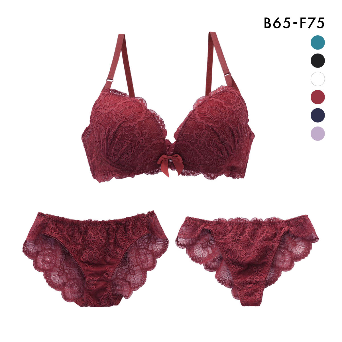 総レース ブラジャー ショーツ Tバック 3点セット BCDEF 大きいサイズ(WI-ワイン-B65-M)