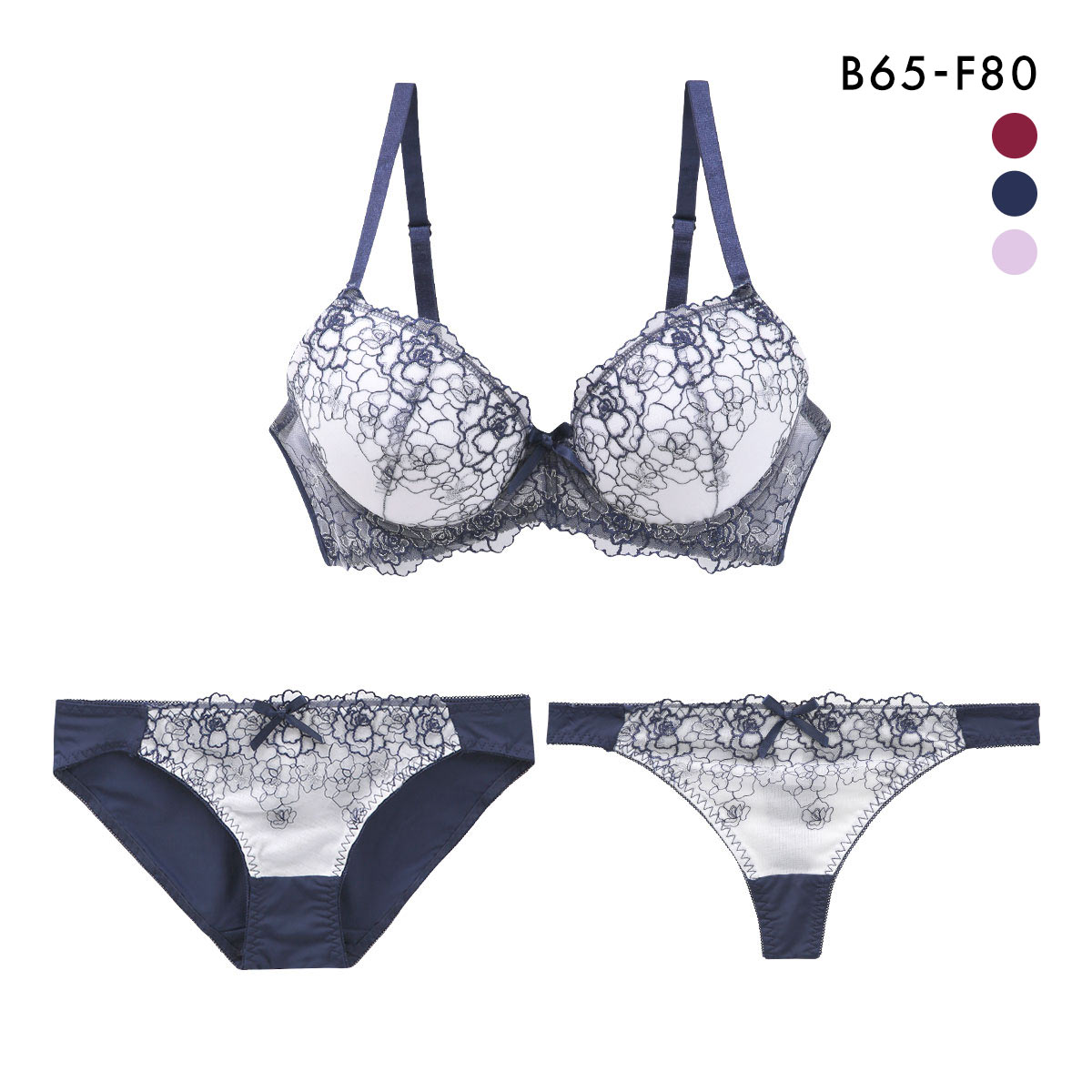 ローズ ラメレース ブラジャー ショーツ セット Tバック 3点セット BCDEF 大きいサイズ(NV-ネイビー-B65-M)