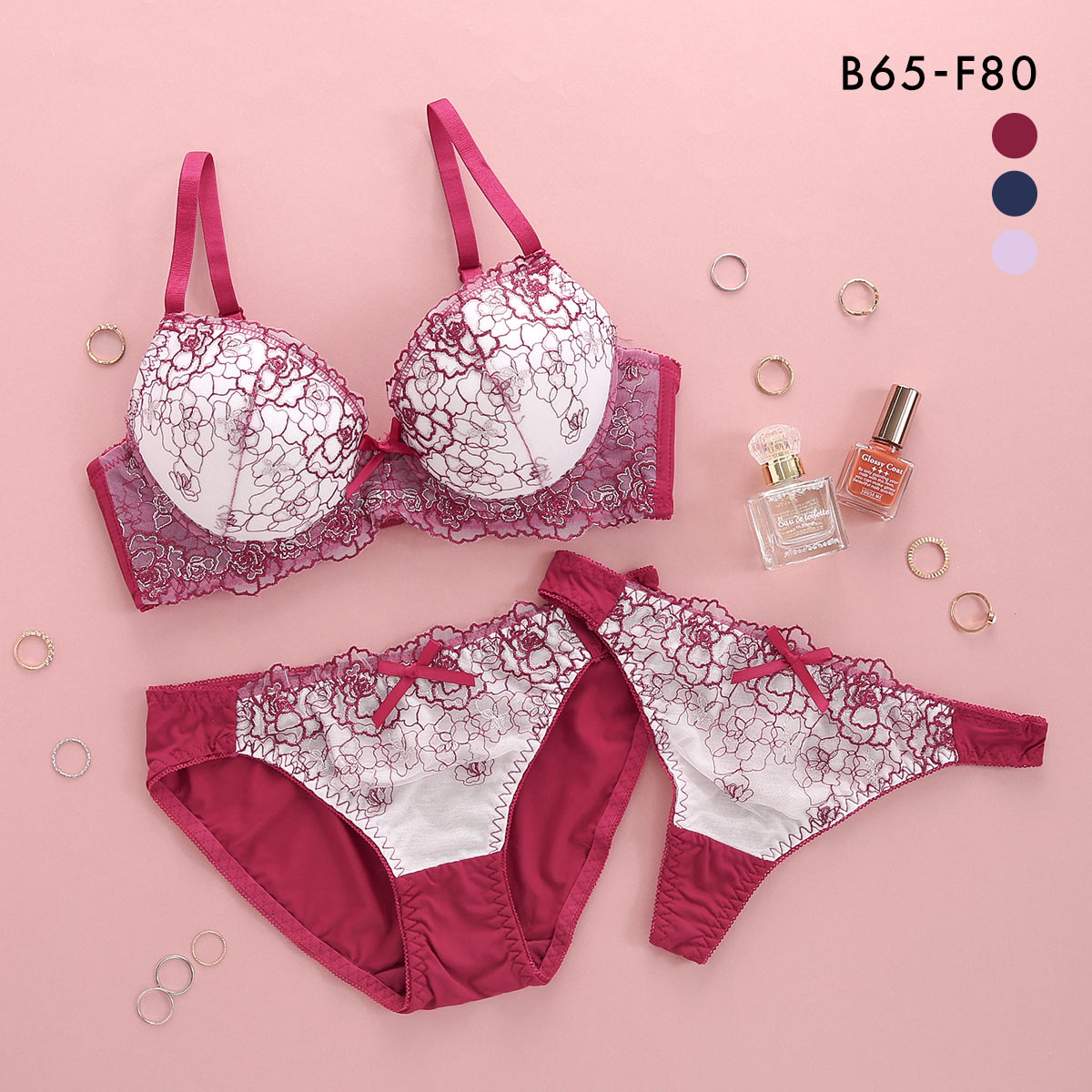 ローズ ラメレース ブラジャー ショーツ セット Tバック 3点セット BCDEF 大きいサイズ