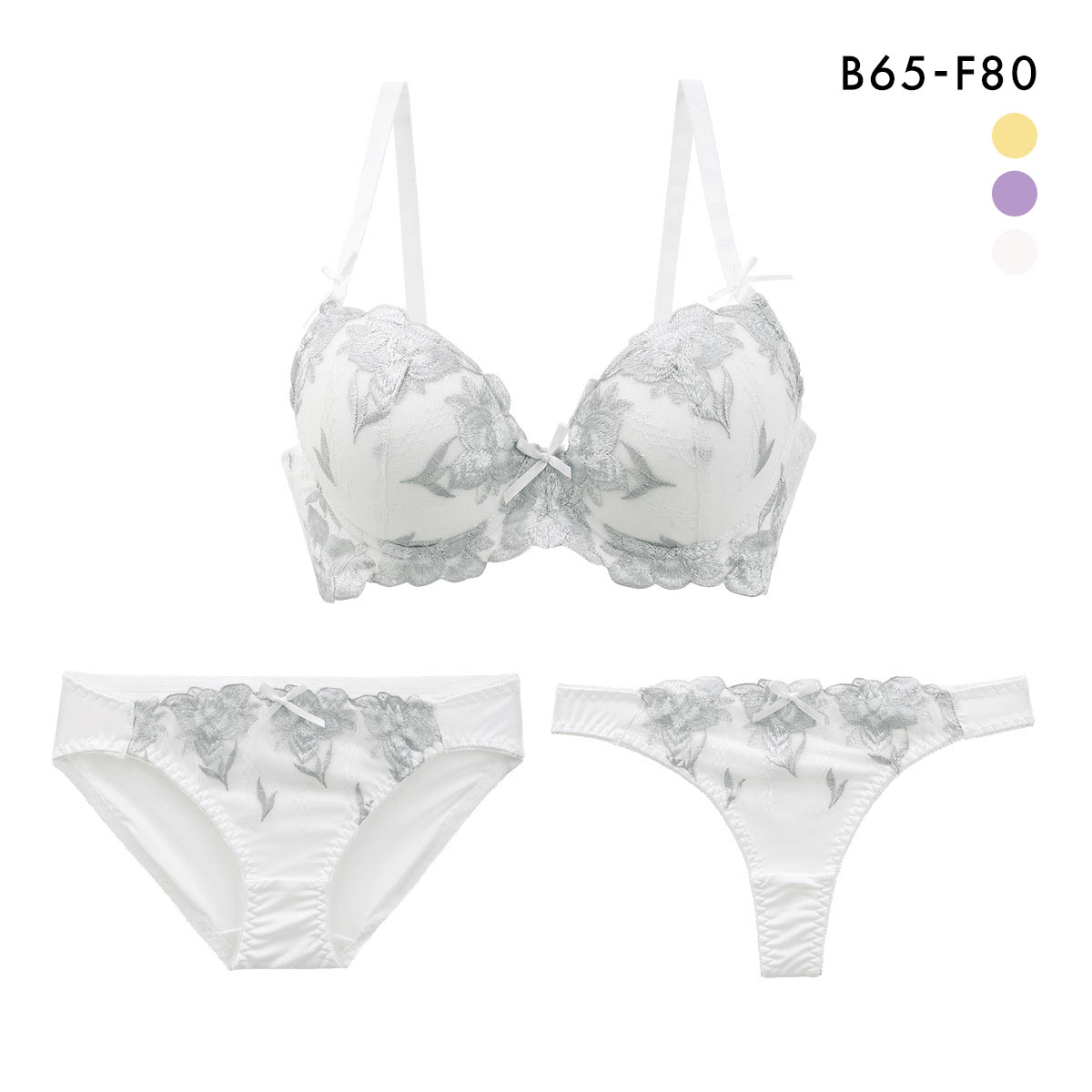 ロイヤルローズ ブラジャー ショーツ セット Tバック 3点セット BCDEF 大きいサイズ(WH-ホワイト-B65-M)