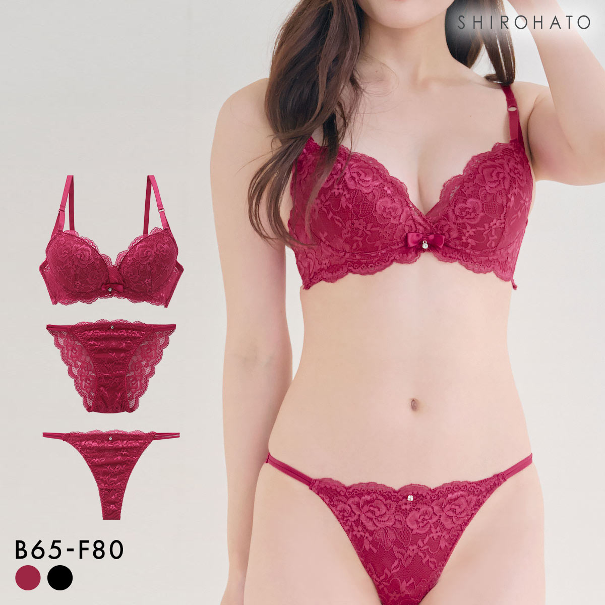 ストレッチレースカシュクール ブラジャー ショーツ セット Tバック 3点セット BCDEF 大きいサイズ(RO-ローズ-B65-M)