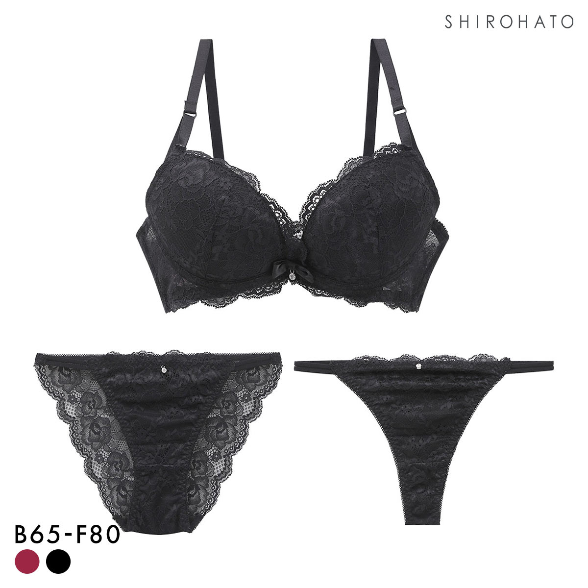 ストレッチレースカシュクール ブラジャー ショーツ セット Tバック 3点セット BCDEF 大きいサイズ(BK-ブラック-B65-M)