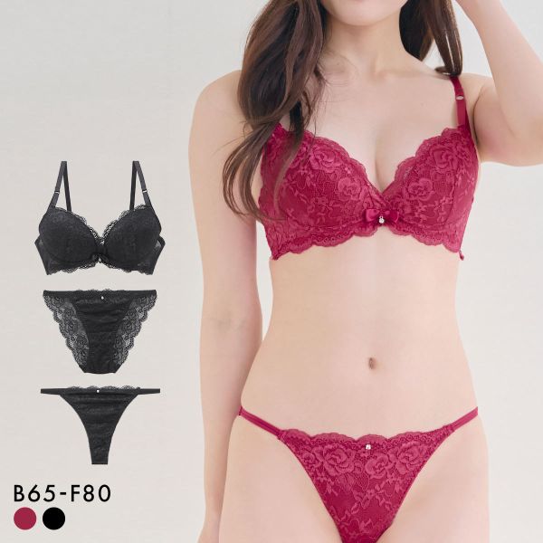 ワンカラークラシカル ブラジャー ショーツ セット Tバック 3点セット