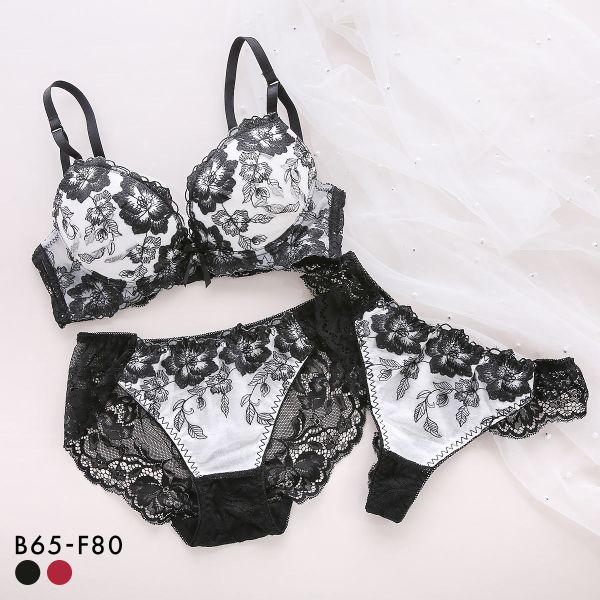 花柄刺繍レース ブラジャー ショーツ セット Tバック 3点セット BCDEF 大きいサイズ
