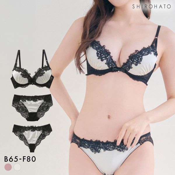 サテンケミカルレース ブラジャー ショーツ セット Tバック 3点セット BCDEF 大きいサイズ バックレース