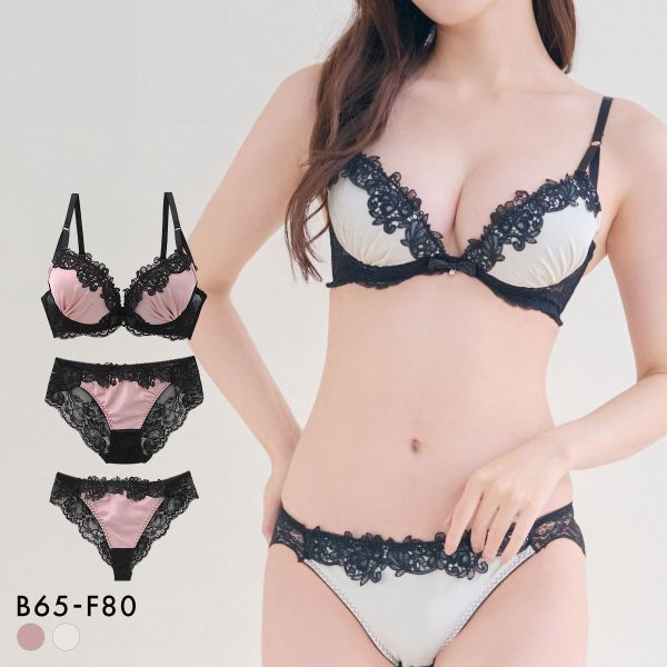 サテンケミカルレース ブラジャー ショーツ セット Tバック 3点セット BCDEF 大きいサイズ バックレース