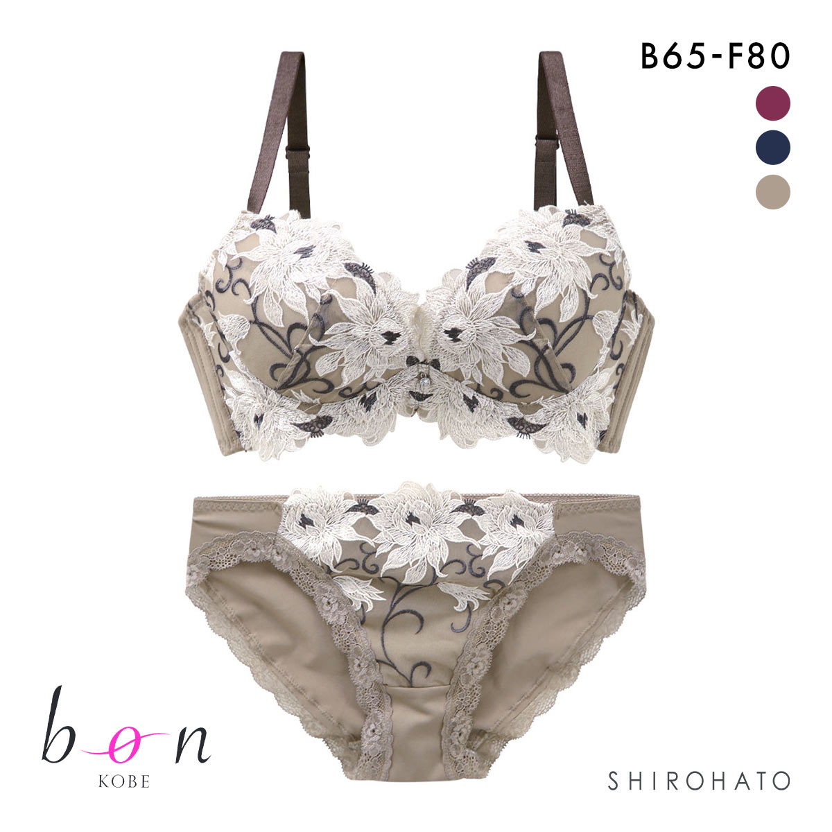 ビーオーエヌ bon 美胸 脇寄せ バストメイクブラ 美胸引き立つ バラ柄レース シリーズ ブラジャー ショーツ セット BCDEF(BR-ブラウン-B65-M)