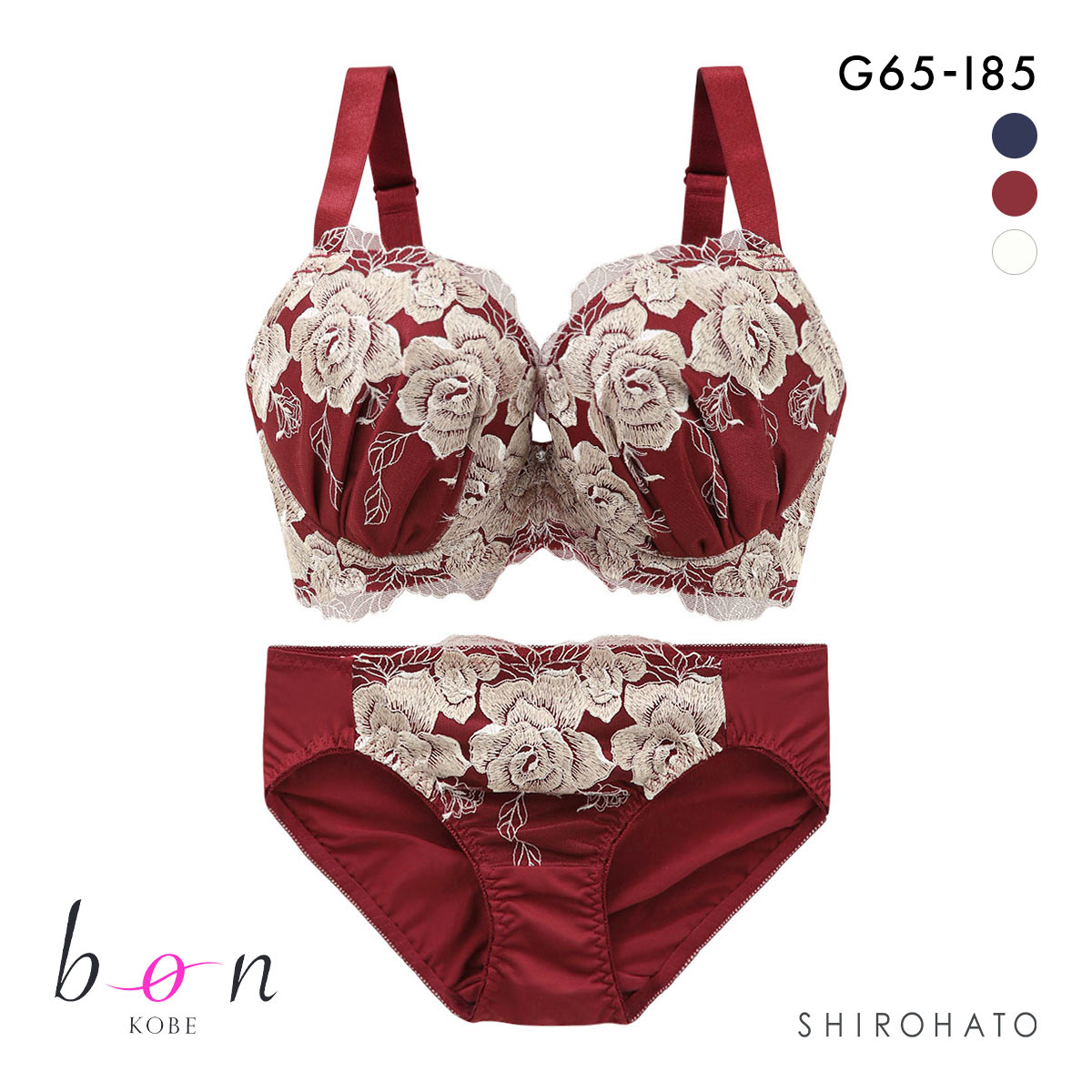 ビーオーエヌ bon 美胸 脇寄せ バストメイクブラ 大輪のバラ柄レース シリーズ ブラジャー ショーツ セット GHI 脇すっきり 脇高(WI-ワイン-G65-M)