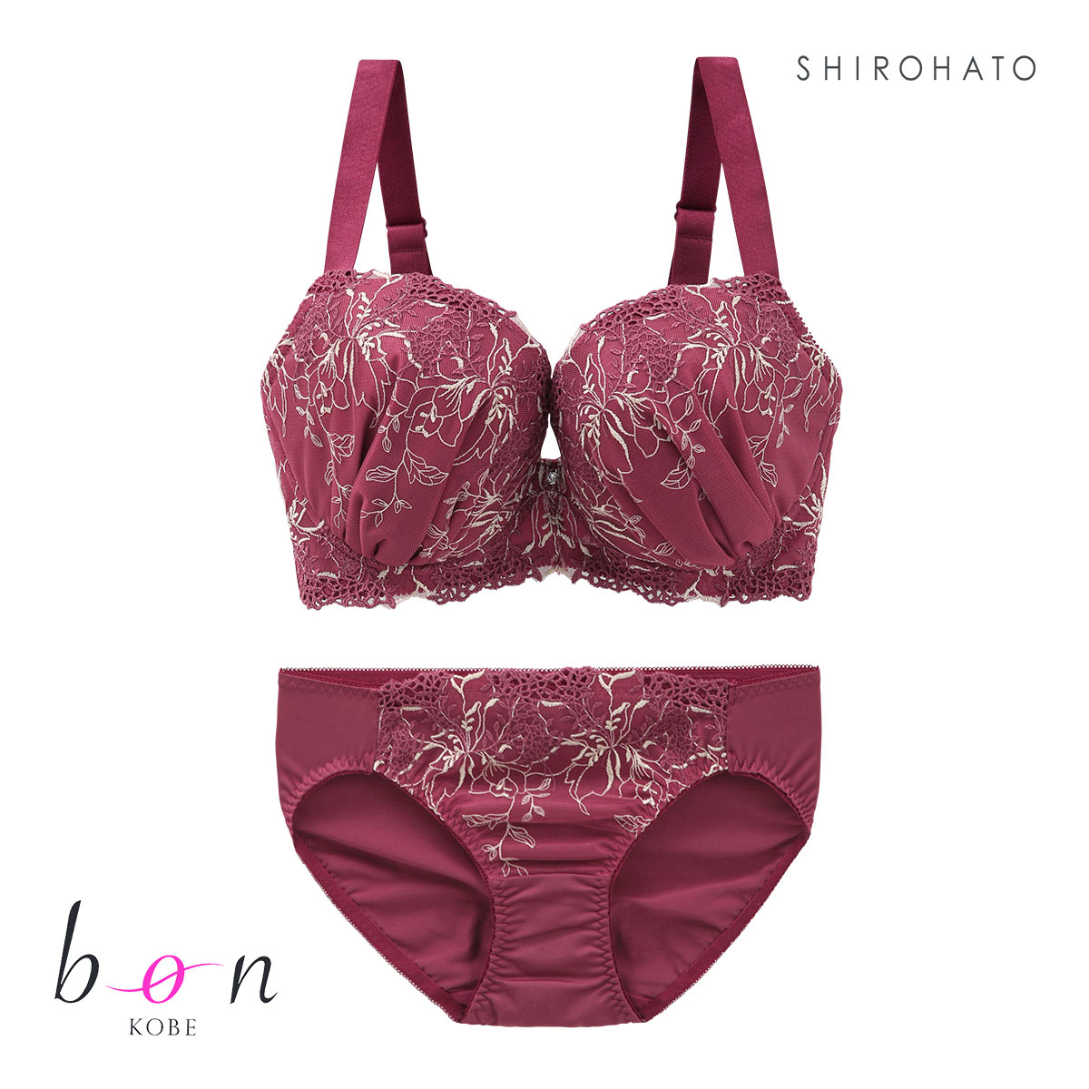 ビーオーエヌ bon 脇スッキリバストメイクブラ フラワーリーフ シリーズ 脇高 ブラジャー ショーツ セット GHI 大きいサイズ 脇すっきり 脇肉(WI-ワイン-G65-M)