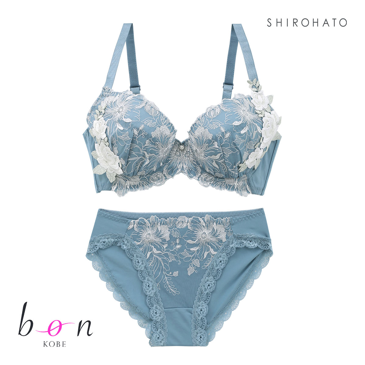 ビーオーエヌ bon 美胸 脇寄せ バストメイクブラ バラモチーフ シリーズ ブラジャー ショーツ セット BCDEF 脇すっきり 脇高 脇肉(BU-ブルー-B65-M)