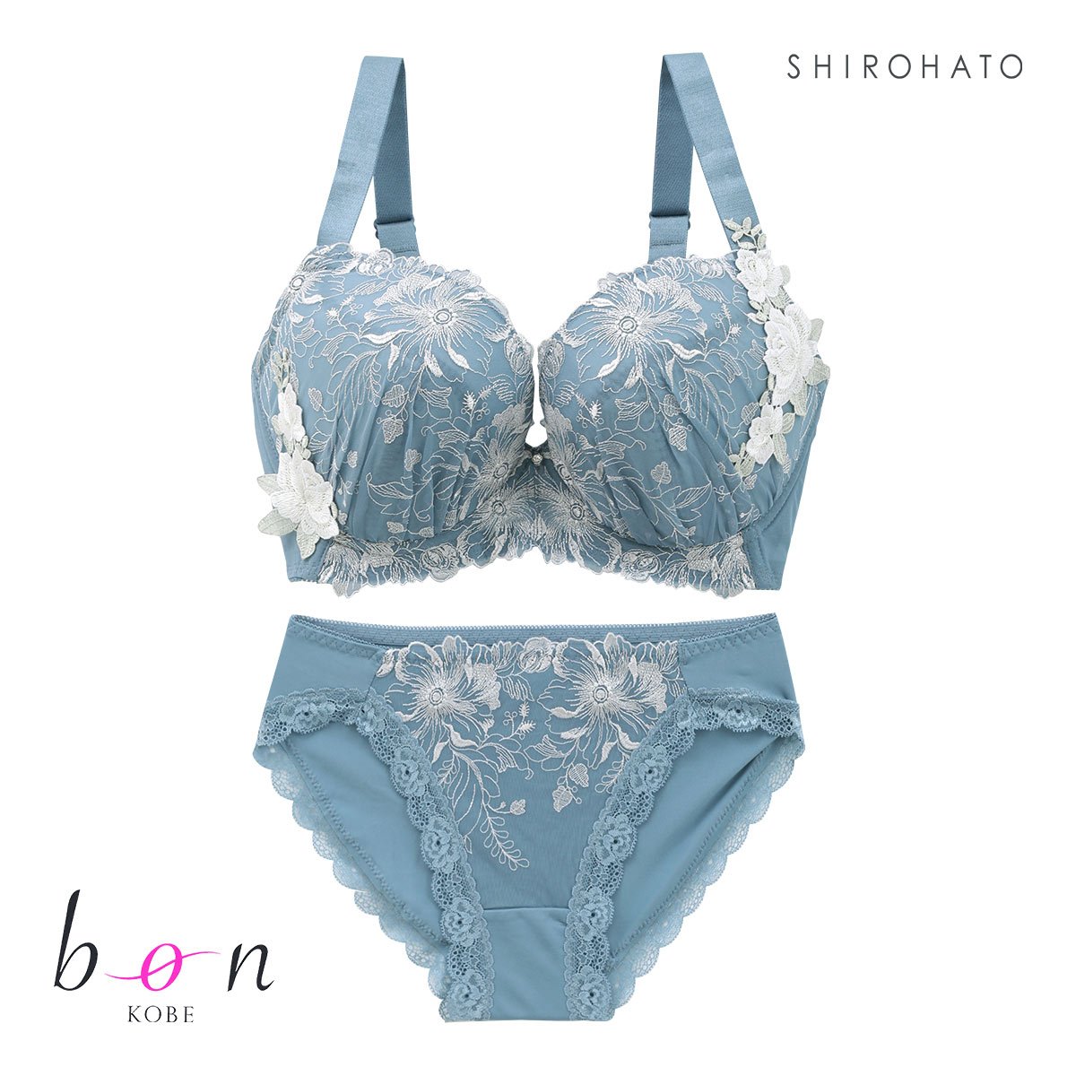 ビーオーエヌ bon 美胸 脇寄せ バストメイクブラ バラモチーフ シリーズ ブラジャー ショーツ セット GHI 脇すっきり 脇高 脇肉 グラマー(BU-ブルー-G65-M)