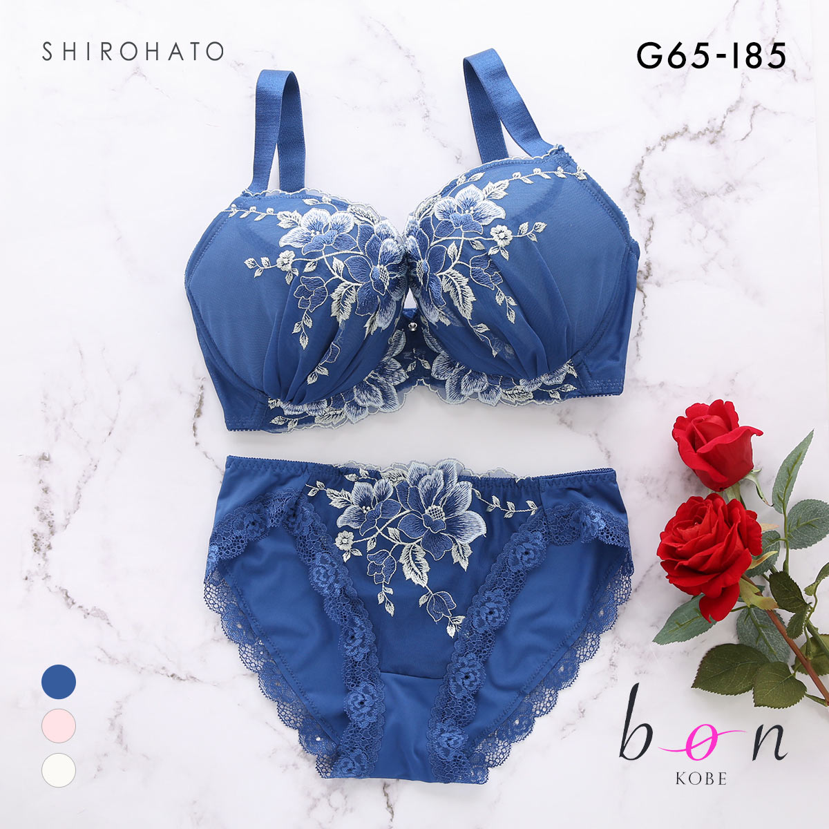 ビーオーエヌ 美胸 脇寄せ バストメイクブラ ペールフラワー シリーズ ブラジャー ショーツ セット GHI 脇すっきり グラマー bon(BU-ブルー-G65-M)