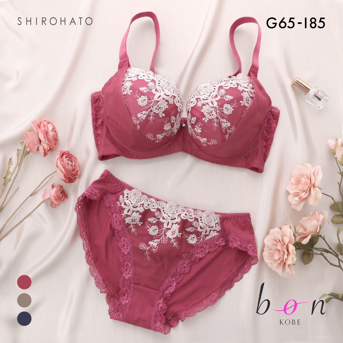 ビーオーエヌ 脇 細見え 胸元リッチ シュッとRich シリーズ ブラジャー ショーツ セット GHI 大きいサイズ 脇すっきり 脇肉 bon(CHE-チェリー-G65-M)