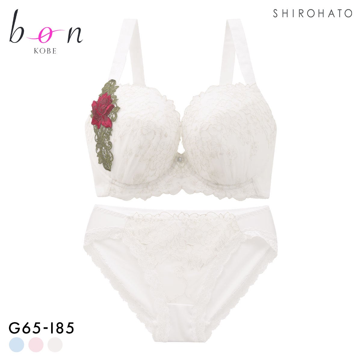 ビーオーエヌ 美胸 脇寄せ バストメイクブラ 大輪のバラ シリーズ ブラジャー ショーツ セット GHI 脇すっきり グラマー bon(OW-オフホワイト-G65-M)