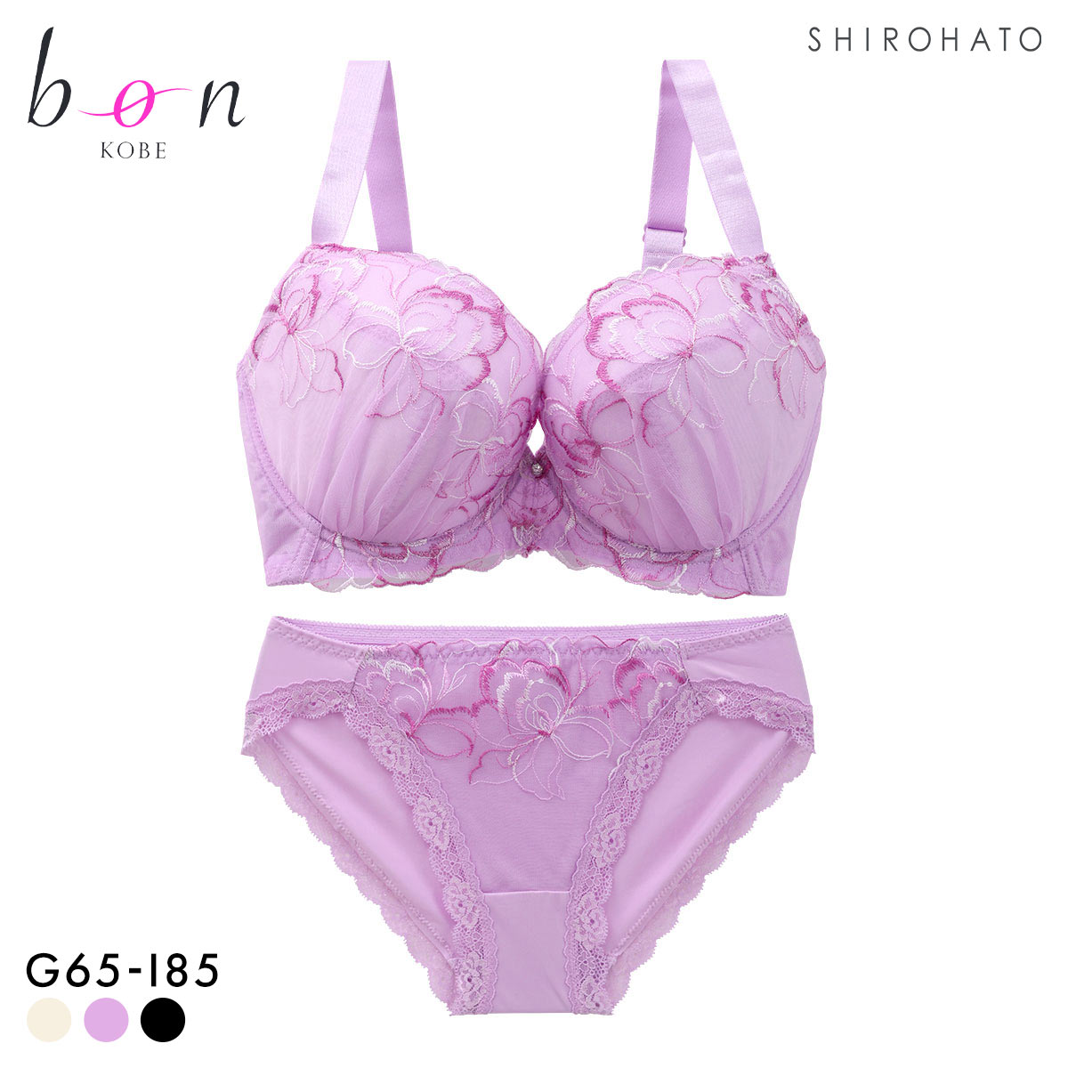 ビーオーエヌ エフォートレスフラワー シリーズ 脇高 ブラジャー ショーツ セット GHI 大きいサイズ 脇すっきり 脇肉 bon(PU-パープル-G65-M)