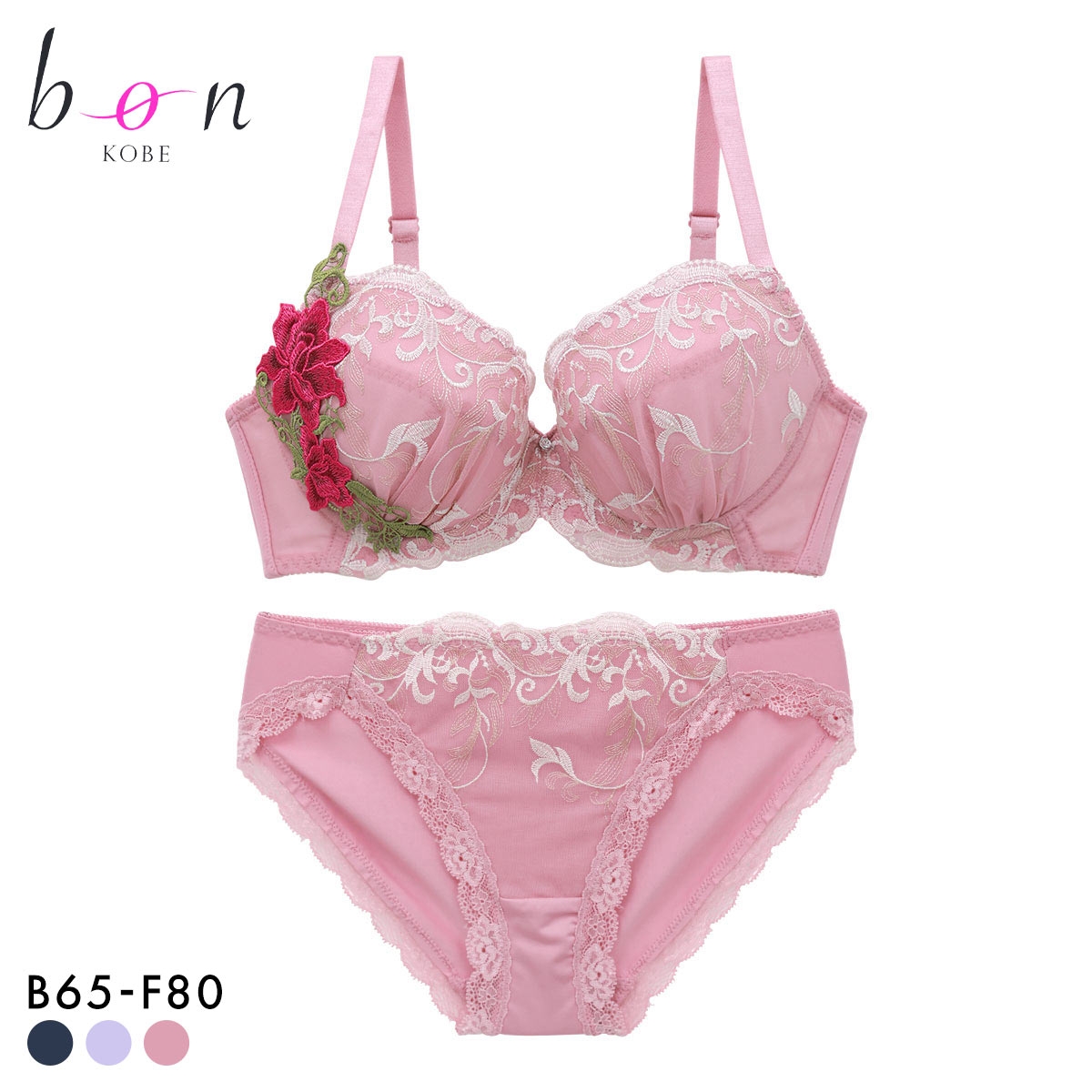 ビーオーエヌ 美胸 脇寄せ バストメイクブラ シリーズ エレガントローズ 3/4カップブラショーツセット レディース 下着 脇肉 bon(PI-ピンク-B65-M)