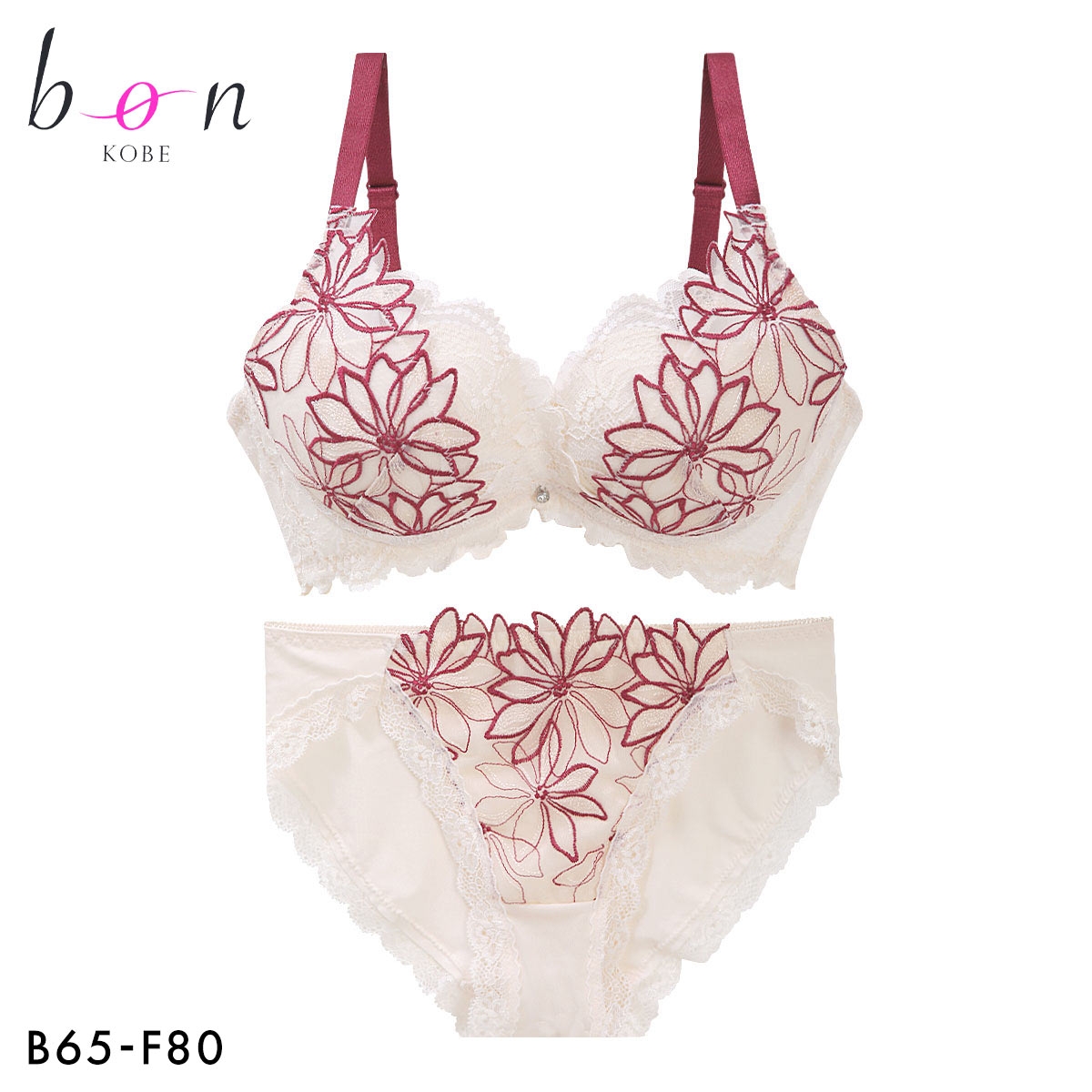 ビーオーエヌ アイコニックブルーム カシュクール シリーズ 脇高 ブラジャー ショーツ セット BCDEF 脇肉 bon 大きいサイズ(WI-ワイン-B65-M)