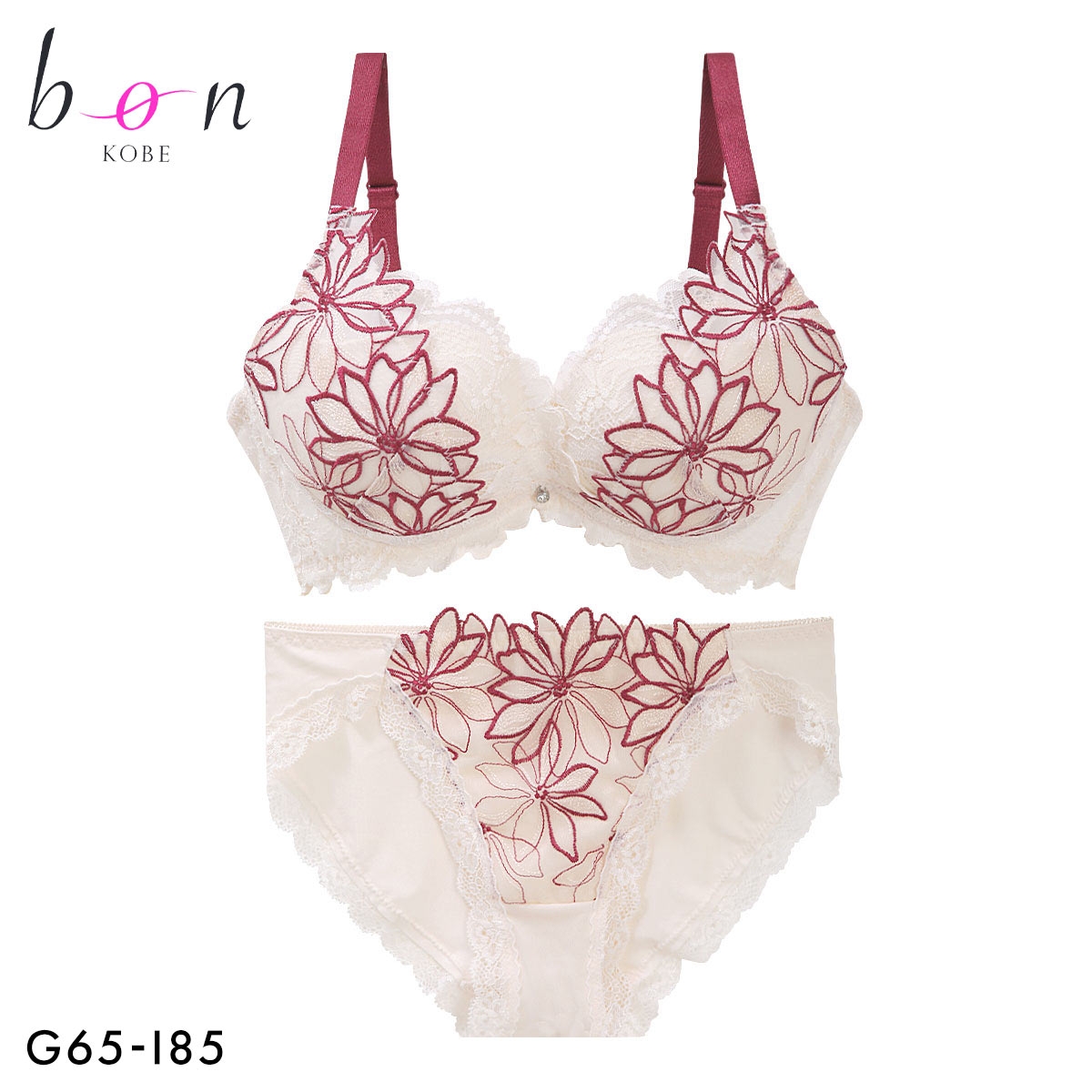 ビーオーエヌ アイコニックブルーム シリーズ 脇高 ブラジャー ショーツ セット GHI 大きいサイズ 脇すっきり 脇肉 bon(WI-ワイン-G65-M)