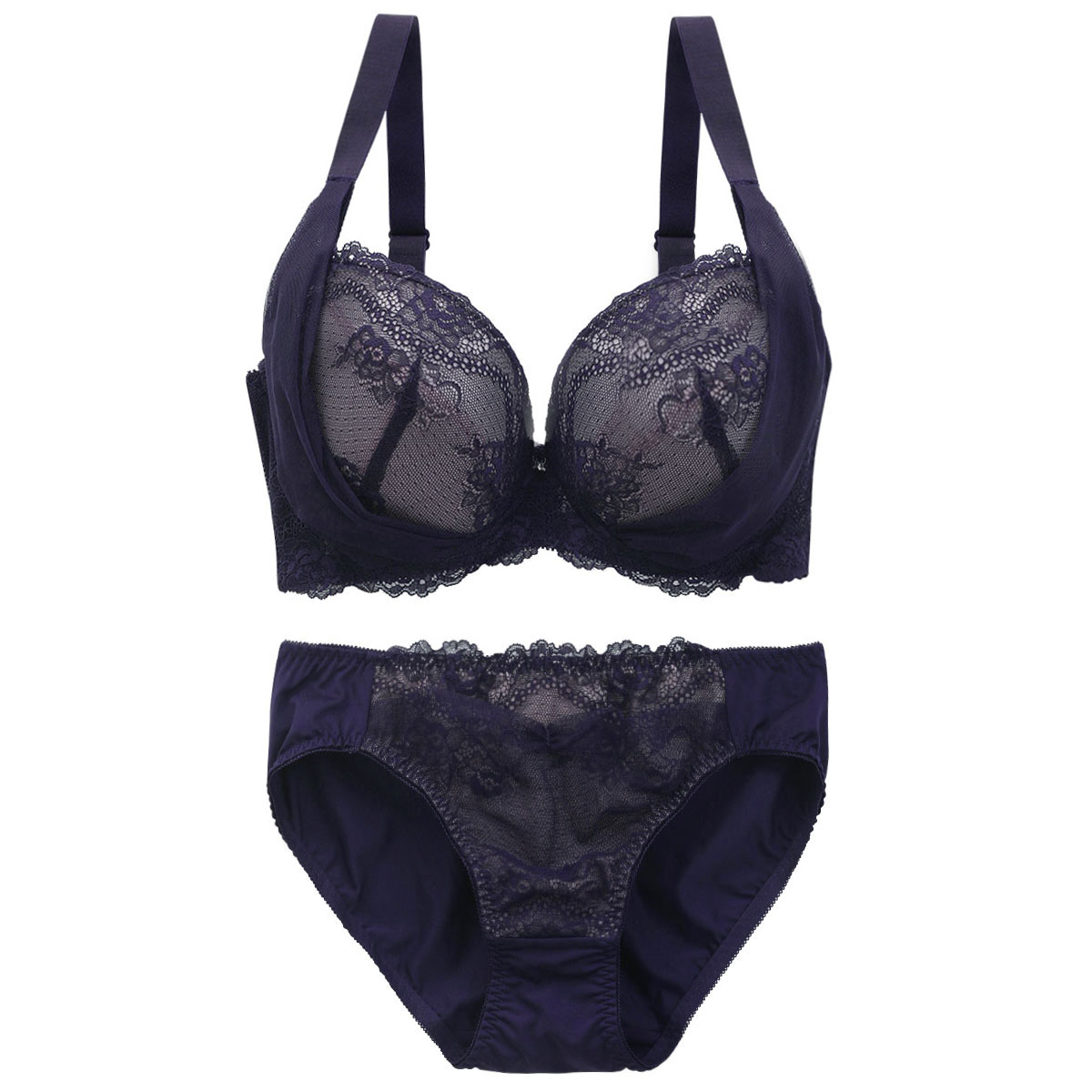 ビーオーエヌ bon×SHIROHATOコラボ 脇高シリーズ ノーブルレースチュール ブラジャー ショーツ セット 脇肉 GHI 大きいサイズ(NV-ネイビー-G70-M)
