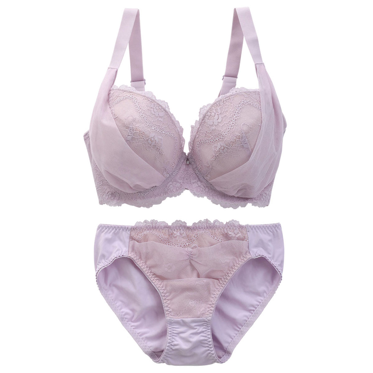 ビーオーエヌ bon×SHIROHATOコラボ 脇高シリーズ ノーブルレースチュール ブラジャー ショーツ セット 脇肉 GHI 大きいサイズ(LV-ラベンダー-G70-M)