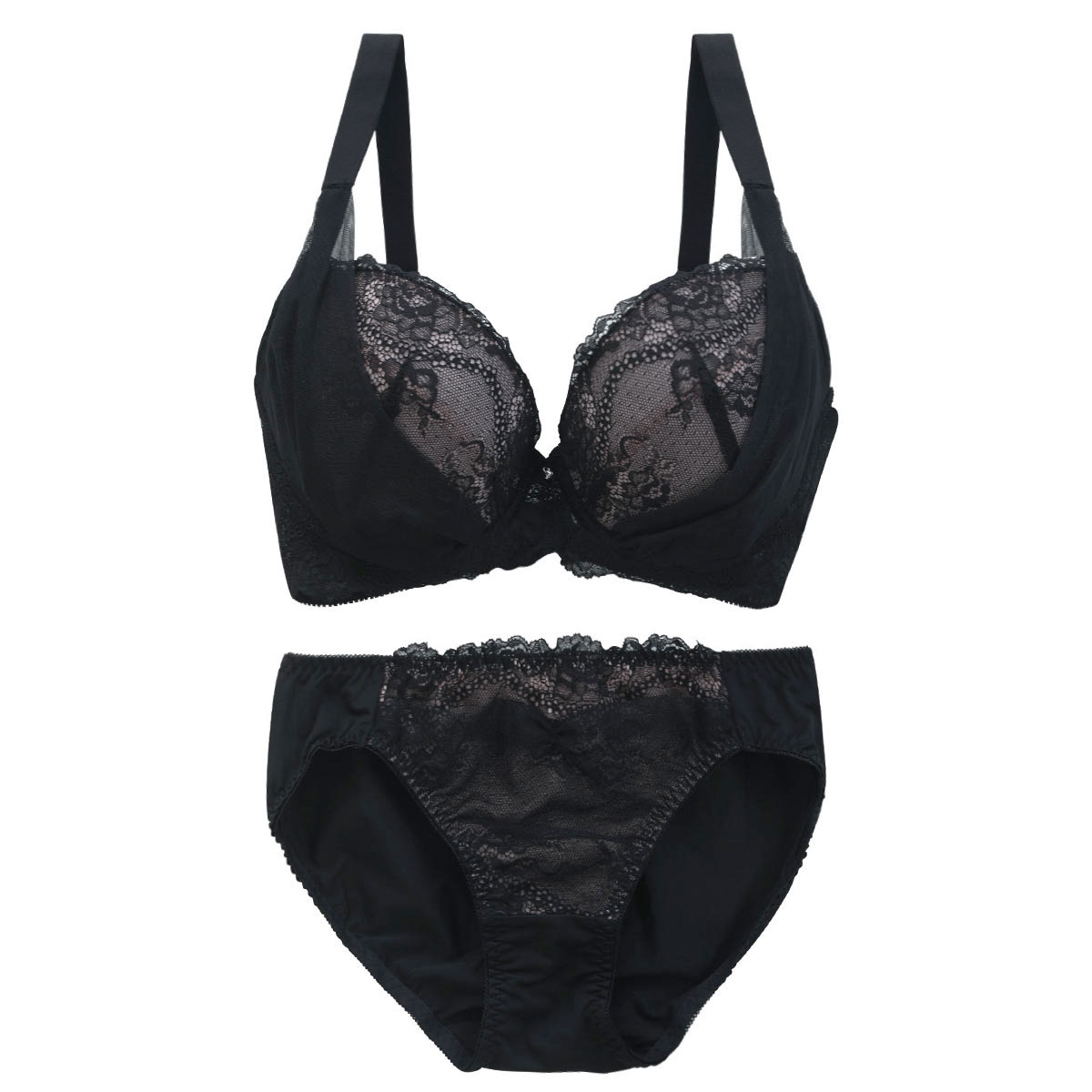 ビーオーエヌ bon×SHIROHATOコラボ 脇高シリーズ ノーブルレースチュール ブラジャー ショーツ セット 脇肉 GHI 大きいサイズ(BK-ブラック-G70-M)