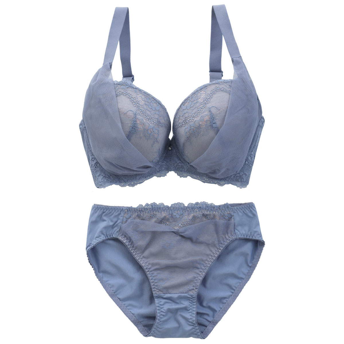ビーオーエヌ bon×SHIROHATOコラボ 脇高シリーズ ノーブルレースチュール ブラジャー ショーツ セット 脇肉 GHI 大きいサイズ(BU-ブルー-G70-M)