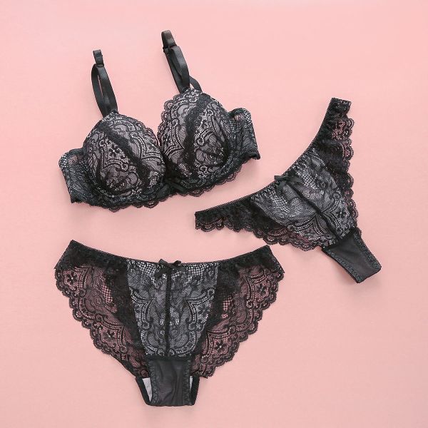 カシュクール 総レース ブラジャー ショーツ Tバック 3点セット BCDEF 大きいサイズ バックレース