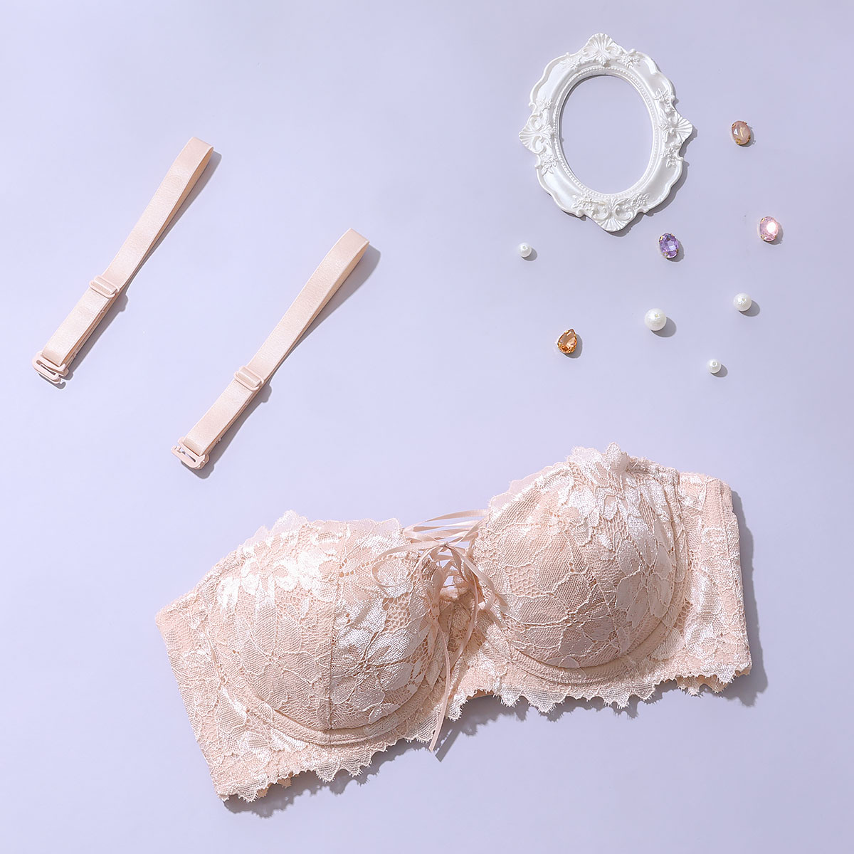 パリーゼ Palissee Mia Lingerie レースアップ ブラジャー 1/2カップ ハーフカップ ストラップレス 総レース 脇高 ABCD 単品(PI-ピンク-A70)