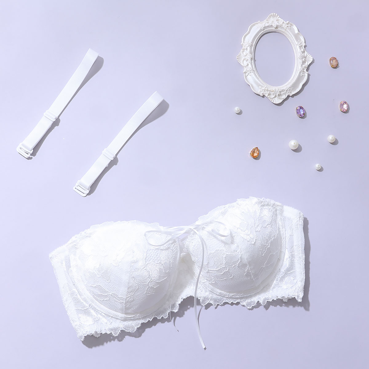 パリーゼ Palissee Mia Lingerie レースアップ ブラジャー 1/2カップ ハーフカップ ストラップレス 総レース 脇高 ABCD 単品(OW-オフホワイト-A70)