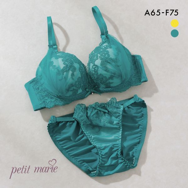 プチマリー フラワーチュール ブラセット ABCDEF ブラジャー ショーツ セット サイドチュール Wパッド 盛り petit marie BLACK