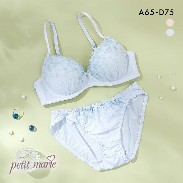 プチマリー petit marie WHITE リボン刺繍 ブラジャー ショーツ セット モールド ABCD プチマリー petit marie WHITE リボン刺繍 ブラジャー ショーツ セット モールド ABCD